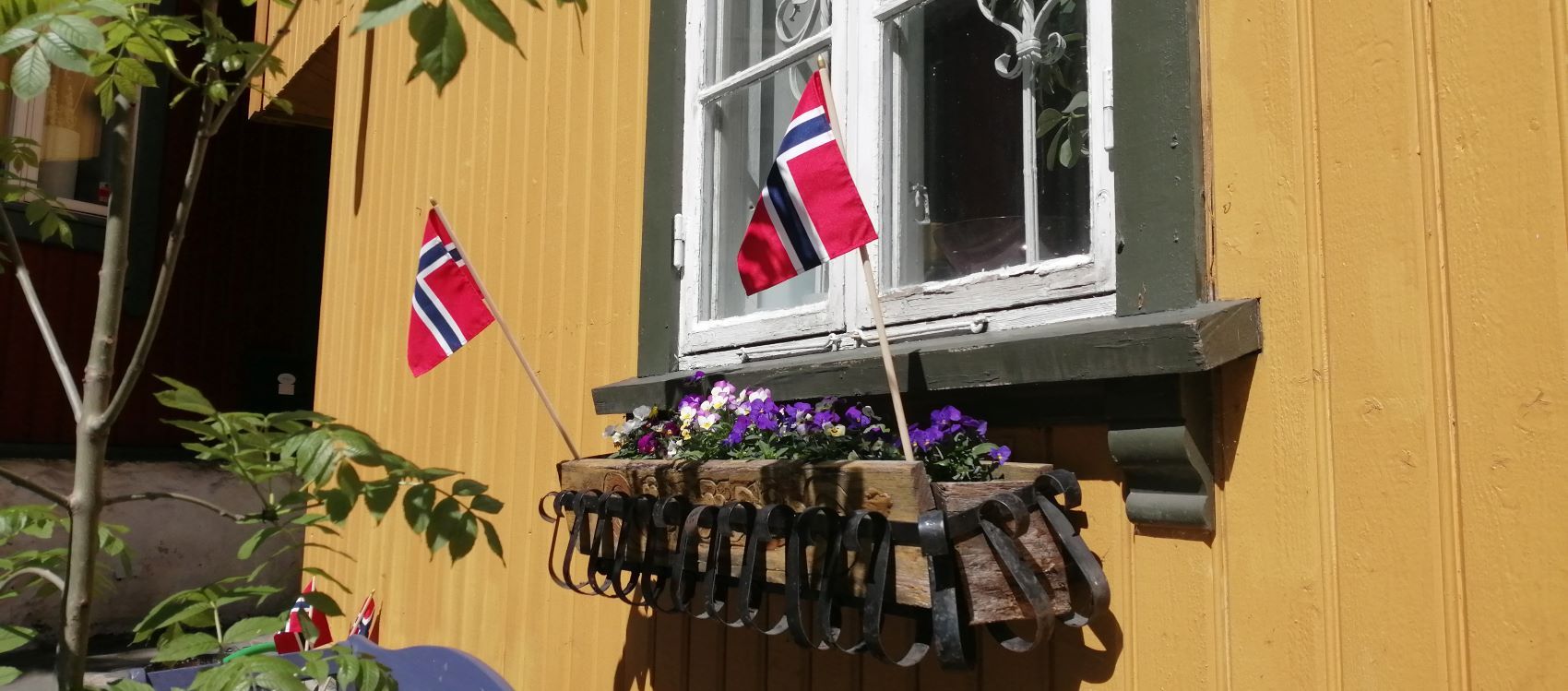 Mit norwegischen Fahnen geschmücktes Fenster in Oslo